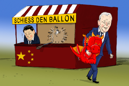 Cartoon: USA schießt Ballon ab (medium) by leopold maurer tagged usa,china,spionage,ballon,abschuss,abschiessen,biden,joe,präsident,ji,xingping,peking,washington,schiessbude,drachen,stoff,leopold,maurer,karikatur,cartoon,usa,china,spionage,ballon,abschuss,abschiessen,biden,joe,präsident,ji,xingping,peking,washington,schiessbude,drachen,stoff,leopold,maurer,karikatur,cartoon