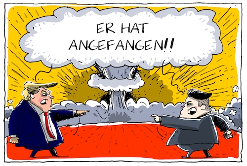 Cartoon: usa und nordkorea (medium) by leopold maurer tagged usa,nordkorea,konflikt,atommacht,atomköpfe,raketen,drohungen,feuer,wut,präsident,trump,jong,un,kim,donald,eskalation,gefahr,dummheit,grössenwahn,selbstüberschätzung,usa,nordkorea,konflikt,atommacht,atomköpfe,raketen,drohungen,feuer,wut,präsident,trump,jong,un,kim,donald,eskalation,gefahr,dummheit,grössenwahn,selbstüberschätzung