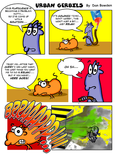 Cartoon: Urban Gerbils.Colonic (medium) by Danno tagged traditional,mixed,media,funny,cartoon,comic,strip,page,urban,gerbils,colonic,fart,gag