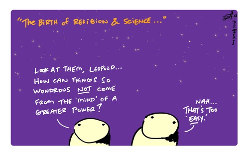 Cartoon: birth of science and religion (medium) by ericHews tagged explanations,science,birth,start,origin,story,fiction,religion,versus,easy,reason