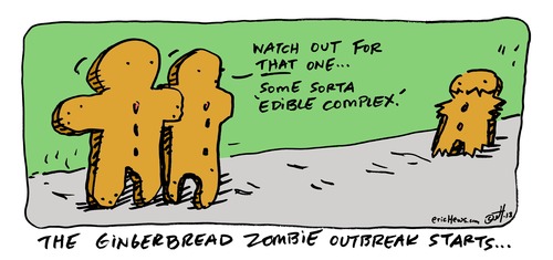 Cartoon: gingerbread zombie outbreak (medium) by ericHews tagged zombie,cookie,men,ginger,gingerbread,man,eat,edible,oedipal,confusion,fear,cannibal,foot,feet,hands,hand