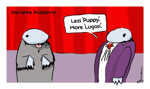 Cartoon: vampire academy (medium) by ericHews tagged vampire,teeth,bel,lugosi,puppy,dog,slobber,blood,sucker,dracula,twilight