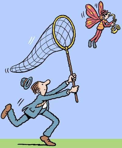 Cartoon: Jazz Butterfly (medium) by Ellis Nadler tagged jazz,butterfly,net,hunt,collector,hat,insect,music,wings,fly,saxaphone,suit,chase,man