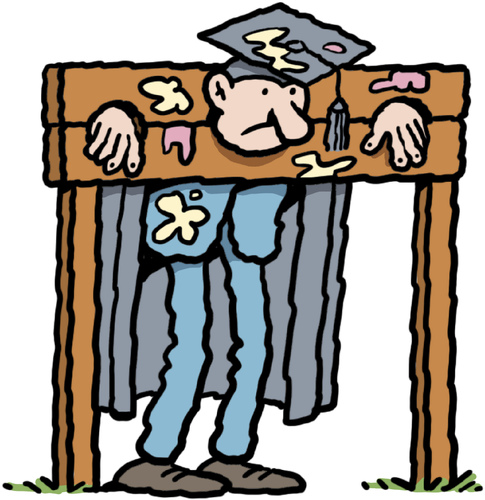 Cartoon: Teacher in pillory (medium) by Ellis Nadler tagged teacher,pillory,stocks,punishment,headmaster,professor,mortarboard,gown,humiliation,frown,egg,tomato,school