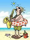 Cartoon: Sax on the beach (small) by Ellis Nadler tagged beach,sea,sand,sun,music,jazz,saxaphone,blow,brass,ring,polka,dots,shorts,bucket,beer,hat,hot,holiday,vacation