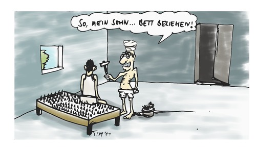 Cartoon: Bettbeziehen (medium) by timfuzius tagged fakir,nagel,hammer,bett,wohnung,hausarbeit