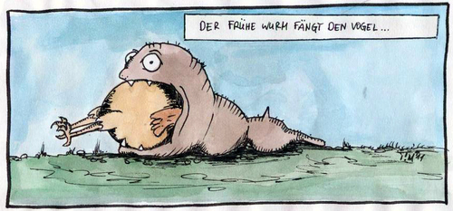 Cartoon: Der frühe Wurm fängt den Vogel (medium) by timfuzius tagged huhn,wurm,vogel,sprichwort,hunger