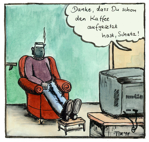 Cartoon: Kaffee aufgesetzt (medium) by timfuzius tagged kaffeekanne,schatz,fernseher,sessel,kaffee