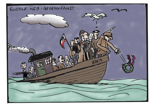 Cartoon: Rudolf Hess Gedenkfahrt (medium) by timfuzius tagged wunsiedel,hess,neonazi,nazi,kranz,gedenken,seebestattung,verbrecher,braun