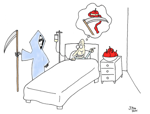 Cartoon: Apple (medium) by joruju piroshiki tagged fruits,bed,sick,devil,death,apple,tod,sterben