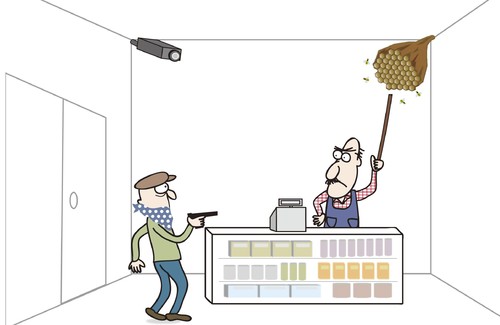 Cartoon: crime prevention (medium) by joruju piroshiki tagged crime,prevention,bee,burglar,bandit,shop,crime,prevention,bee,burglar,bandit,shop