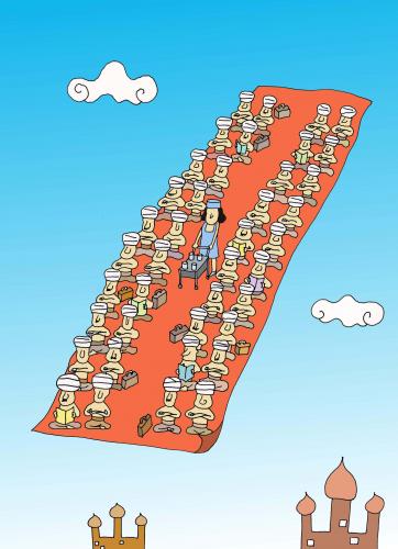 Cartoon: no title (medium) by joruju piroshiki tagged humor,fliegen,teppich,flugzeug,analogie,passagiere,stewardess,flug,flugbegleiter,kultur