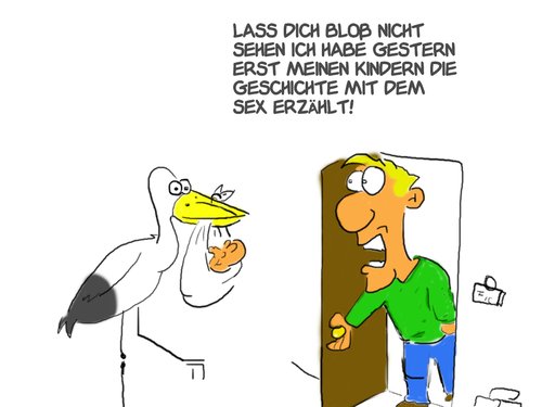 Cartoon: Aufklärung (medium) by Grikewilli tagged aufklärung,storch,kinder,eltern,erziehung,sexualkunde,schwanger,geburt,baby,neugeborenes,säugling