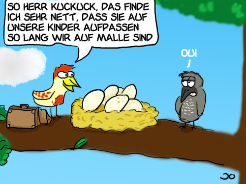 Cartoon: Babysitter Kukuk (medium) by Grikewilli tagged zugvögel,urlaub,wald,schwäche,evelution,vögel,nest,kukuk,winter,süden,eier,ei,baum,babysitte,kinder,hüten,nachbarn