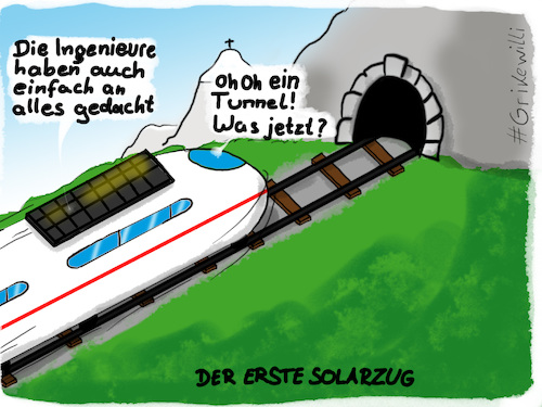 Cartoon: Erster Solar-Zug (medium) by Grikewilli tagged ice,db,zug,bahn,lukas,lokomotive,öko,erneuerbare,energie,solar,alpen,berge,berg,gebirge,tunnel,reisen,verkehr,grün,erfindungen,zukunft,innovation,schweiz,österreich,deutschland,energiewende,mobil,öpnv,strom