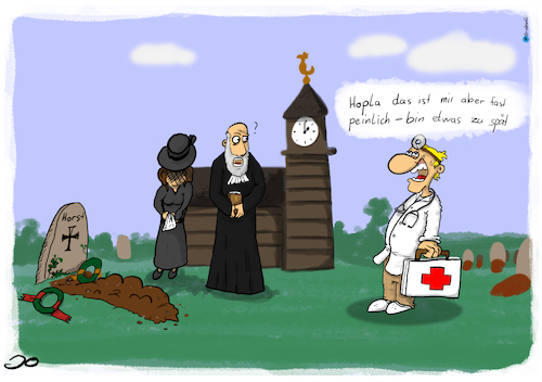 Cartoon: fast peinlich (medium) by Grikewilli tagged arzt,spät,verspätung,gesundheitswesen,krankenhäuser,ärzte,beerdigung,trauer,krank,gesundheitssystem,gesund