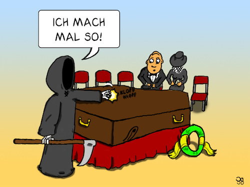 Cartoon: Hallo Tod (medium) by Grikewilli tagged klopfen,tisch,begrüßung,tot,tod,beerdigung,sarg,sensenmann,sterben,ableben,tschüss,verabschieden,trauer,grab,friedhof,trauerfeier,kirche