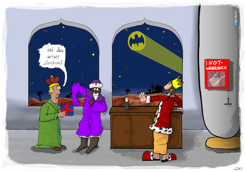 Cartoon: Himmelszeichen (medium) by Grikewilli tagged drei,heilligen,könige,caspar,melchior,balthasar,weihrauch,weihnachten,sternschnuppe,batman,wüste,kamel,jesuskind,stall,palast,januar