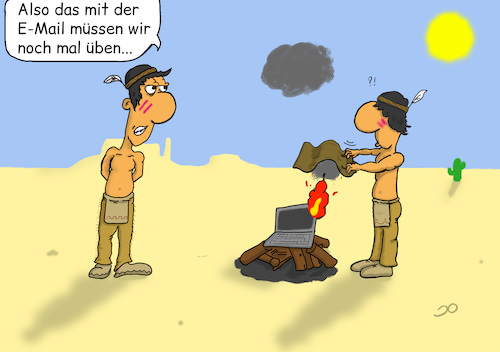 Cartoon: Indianer-Email (medium) by Grikewilli tagged indianer,cowboys,mail,email,laptop,notebook,apple,pc,umts,lte,mobilfunk,internet,amerika,wilderwesten,cowboy,usa,medienkompetenz,post,telekom,kommunikation,lagerfeuer,feuer,rauch,rauchzeichen,beil,kriegsbeil,federn,häuptling,steppe,wüste,tipi