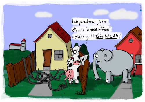 Cartoon: Kuh Homeoffice (medium) by Grikewilli tagged wlan,internet,homeoffice,büro,kuh,lockdown,bauernhof,corona,covid,milch,elefant,arbeit,arbeiten,krise,molkerei