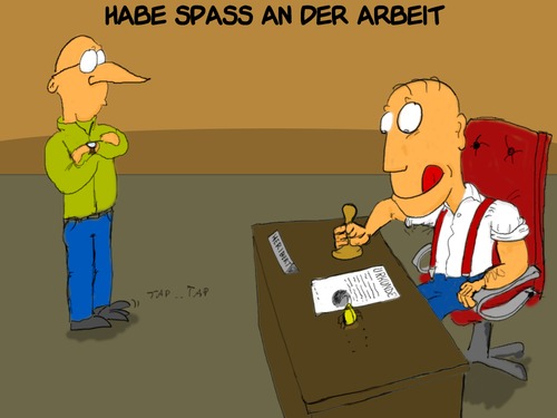 Cartoon: Langeweile am Arbeitsplatz (medium) by Grikewilli tagged arbeit,stempel,käfer,ungeziefer,langeweile,beamte,urkunde,work,bug,büro,büroaltakt,akten,job,beruf,verwaltung