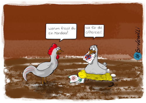 Cartoon: Ostereiproduktion (medium) by Grikewilli tagged ostern,ostereier,eier,huhn,nest,mandala,bemalen,feiertage,kunst,tiere,hahn,henne,osterhase