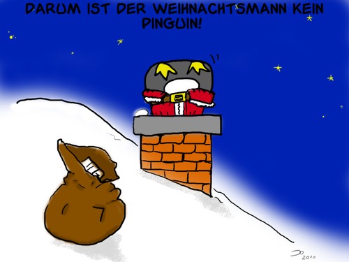 Cartoon: Piguin-Weihnachtsmann (medium) by Grikewilli tagged weihnachtsmann,pinguin,dach,schnee,eis,winter,kalt,tiere,neujahr,weihnachten,geschenke,christkind,kamin,schornstein,24,dezember,weiße,weihnacht,nordpol,südpol