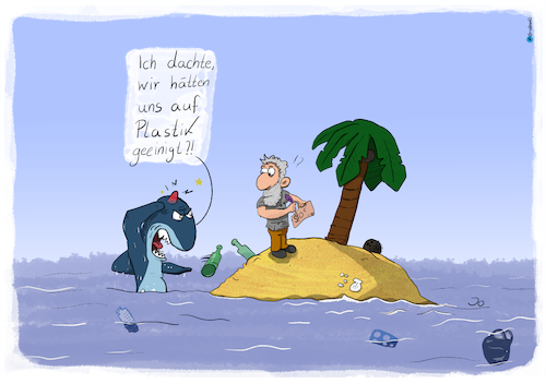 Cartoon: Plastik gegen beulen (medium) by Grikewilli tagged hai,sos,gestrandet,robinson,freitag,insel,einsam,palmen,plastikmüll,plastik,pet,flaschen,pfand,meer,strand,ozean,pazifik,atlantik,sea,fisch,müll,umweltverschmutzung,umwelt,dreck