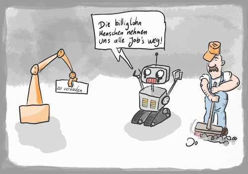 Cartoon: Roboter Arbeitslosigkeit (medium) by Grikewilli tagged roboter,fabrik,fließband,arbeitsamt,billiglohn,lohn,produktion,r2d2,nummer5,amazon,worklife,ag,gmbh,automatisierung,digitalisierung