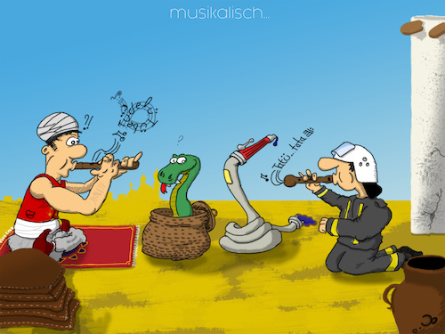 Cartoon: Schlauchbeschwörer (medium) by Grikewilli tagged feuerwehr,orient,schlange,flöte,fata,morgana,musik,kultur,treasur,schlauch,heiß,teppich,turban,feuerwehrmann,retter,schlangenbeschwörer,fire,department,firefighter,wüste,dessert,tiere,snake,löschen,indien,nagelbett,music