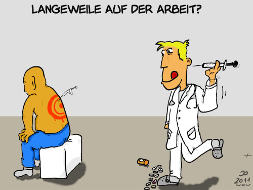 Cartoon: Spritzen werfen (medium) by Grikewilli tagged doktor,dr,ärzte,arzt,patient,alter,arbeit,langeweile,spritzen,werfen,dart,bullseye,zielscheibe,kittel,sport,beruf,job,krankenhaus,hospital,klinik,krank,gesund,medikamente,medizin,pillen,betriebssport