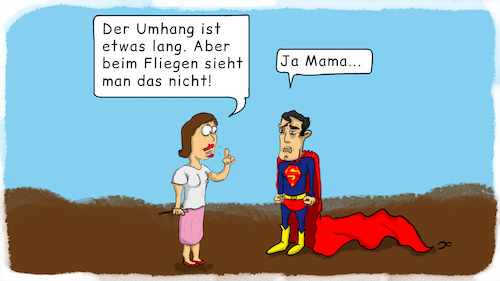 Cartoon: Super-Umhang (medium) by Grikewilli tagged fliegen,super,held,action,hero,superhelden,kryptonit,manofsteal,syfy,popkultur,comic,eltern,mutter,umhang,superkraft,superman,hereinwachsen,zu,groß,mode,stahl