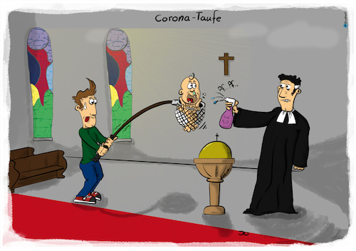 Cartoon: Corona-Taufe (medium) by Grikewilli tagged social,distance,taufe,taufbecken,konfi,konformation,weihwasser,baby,pfarrer,church,kirche,socialdistance,hygiene,abstand,kreuz,sonntag,h2o,wasser,fischen,masken,corona,covid19,pastor,heilig,pandemie,virus,husten,dom,glaube