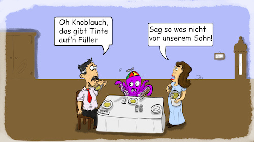 Cartoon: Tinte auf den Füller (medium) by Grikewilli tagged tintenfisch,vater,mutter,kind,familie,füller,knoblauch,essen,sprichwörter,deutsch,junior,trinken