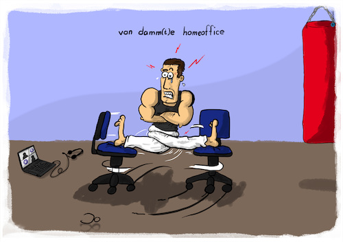 Cartoon: van dammt homeoffice (medium) by Grikewilli tagged spagat,boxen,homeoffice,home,office,sport,van,damme,90er,job,tv,stars,rohstuhl,headset,muskeln,jean,claude,jcvd,büro,corona,kriese,covid19,yoga,training,büroaltag,pandemie,vip