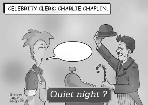 Cartoon: Celebrity Clerk Charlie Chaplin (medium) by Mike Spicer tagged mike,spicer,cartoonist,celebrity,clerks,parody,chaplin,cartoon,comic