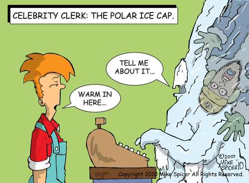 Cartoon: Celebrity Clerk Polar Ice Cap (medium) by Mike Spicer tagged mike,spicer,celebrity,clerk,polar,ice,cap,global,waming,parody,satire,cartoon,cartoonist,caricature