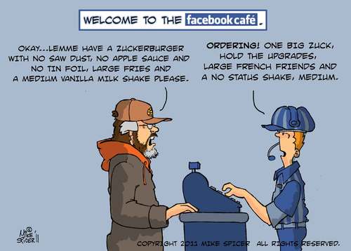 Cartoon: Welcome to the Facebook Cafe (medium) by Mike Spicer tagged zuckerbook,cartoon,cafe,humor,social,network
