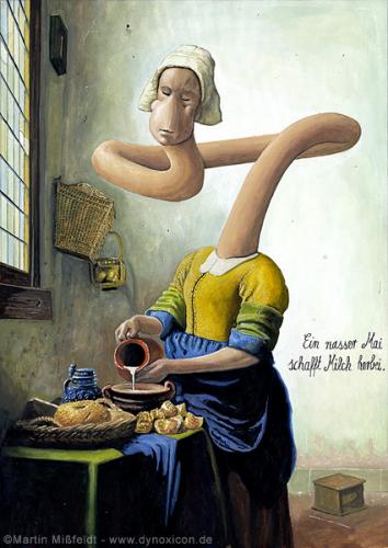 Cartoon: Dienstmagd mit Milchkanne (medium) by M Missfeldt tagged giraffe,frau,dienstmagd,milch,kanne,vermeer,kunst,kunstgeschichte,humor,cartoon,bauernweisheit,