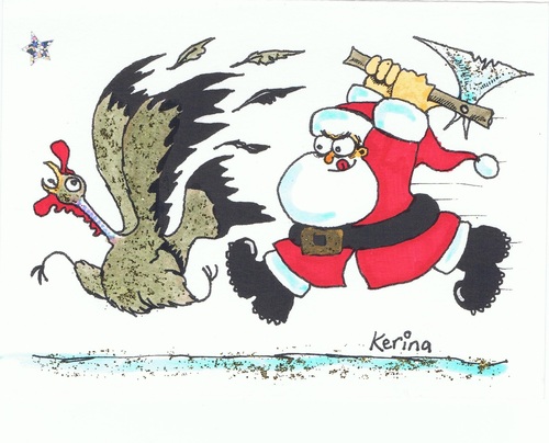 Cartoon: Christmas Dinner (medium) by Kerina Strevens tagged cartoon,humour,fun,run,slaughter,dinner,turkey,father,santa,xmas,christmas