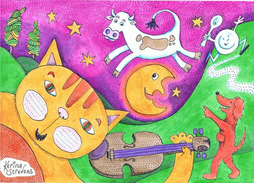 Cartoon: Hey Diddle Diddle (medium) by Kerina Strevens tagged diddle,rhyme,nursery,spoon,dish,fun,laugh,dog,moon,jump,cow,music,fiddle,cat