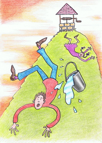 Cartoon: Jack and Jill (medium) by Kerina Strevens tagged children,rhyme,nursery,pail,hill,jill,jack,fall,well,water