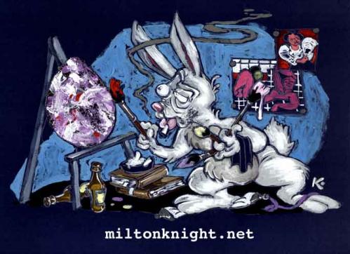 Cartoon: Happy Easter! (medium) by Milton tagged easter,bunny,artist,rabbit,painting,smoking,beer,art,painter,egg,holiday