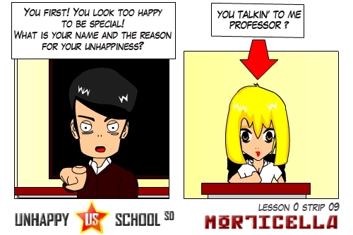 Cartoon: US lesson 0 Strip 9 (medium) by morticella tagged uslesson0,unhappy,school,morticella,manga