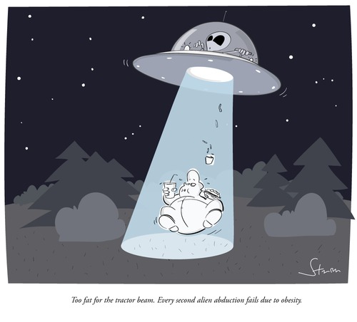 Cartoon: alien abduction failed (medium) by philippsturm tagged ufo,alien,alienabduction,fat,obesity,scifi,spaceship,fastfood,tractorbeam,bream,night