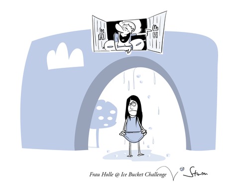 Cartoon: Frau Holles Ice Bucker Challenge (medium) by philippsturm tagged pechmarie,goldmarie,peach,water,happens,shit,tale,fairy,märchen,grimm,gebrüder,brothers,hulda,mother,holle,frau,icebucketchallenge,icebucket,challenge,bucket,ice