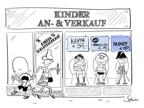 Cartoon: Kinder An- und Verkauf (medium) by philippsturm tagged geschäft,laden,ebay,göre,frech,chantalismus,chantal,mandy,rocco,kevin,sale,schlussverkauf,verkauf,eltern,kinder,store,straße,erziehung,mutter,jungs,mädchen