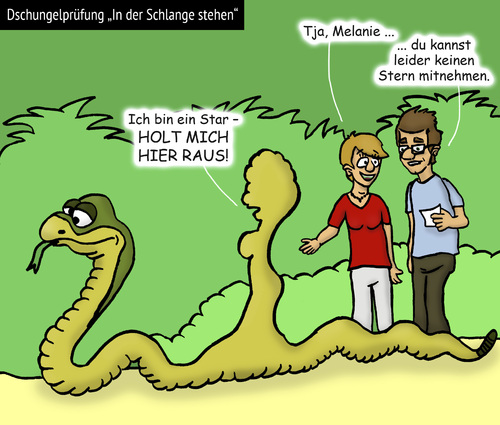 Cartoon: Dschungelprüfung Schlange stehe (medium) by tobistoons tagged ekel,medien,fernsehsendung,tv,stehen,schlange,rtl,zietlow,sonja,müller,melanie,dschungelcamp