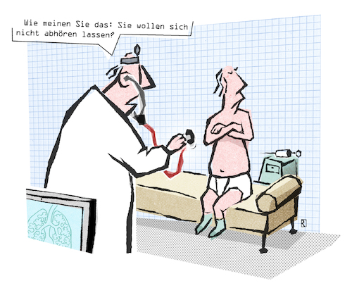 Cartoon: Abhören (medium) by Jan Rieckhoff tagged abhören,überwachen,aushorchen,ausspionieren,daten,sicherheit,privatsphäre,wanze,arzt,patient,untersuchung,praxis,cartoon,karikatur,witz,jan,rieckhoff,abhören,überwachen,aushorchen,ausspionieren,daten,sicherheit,privatsphäre,wanze,arzt,patient,untersuchung,praxis,cartoon,karikatur,witz,jan,rieckhoff