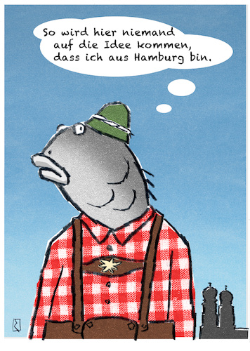 Cartoon: Fischkopp (medium) by Jan Rieckhoff tagged fremder,heimat,herkunft,verstaendigung,voelkerverstaendigung,kultur,auslaender,auswärtig,andersartig,bayern,norddeutschland,tracht,tradition,fischkopf,cartoon,witz,comic,karikatur,jan,rieckhoff,fremder,heimat,herkunft,verstaendigung,voelkerverstaendigung,kultur,auslaender,auswärtig,andersartig,bayern,norddeutschland,tracht,tradition,fischkopf,cartoon,witz,comic,karikatur,jan,rieckhoff